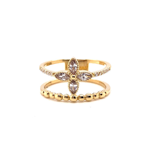 14K Yellow Gold Clover Beaded Layered CZ Ring