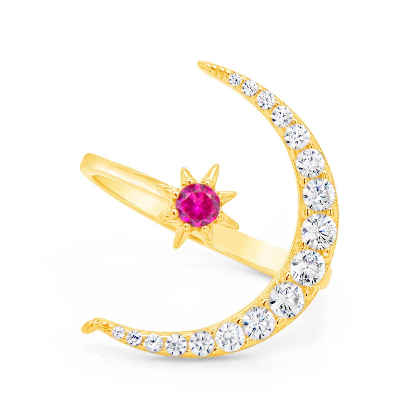 14K Yellow Gold Crescent Moon and Hot Pink CZ Star Bypass Ring