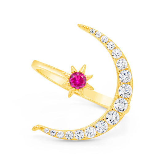 14K Yellow Gold Crescent Moon and Hot Pink CZ Star Bypass Ring