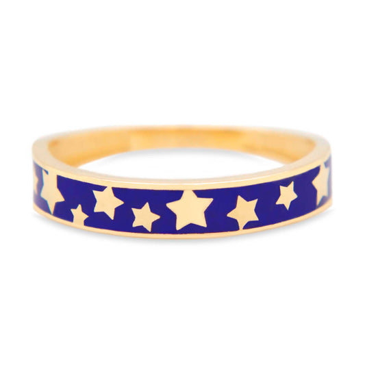 14K Yellow Gold Blue Enamel Star Band Ring