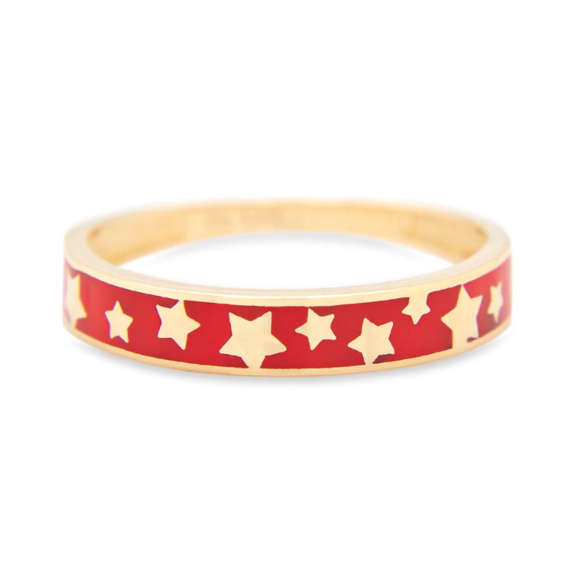 14K Yellow Gold Red Enamel Star Band Ring