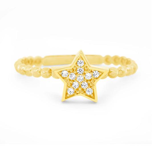 14K Yellow Gold CZ Star Beaded Band Ring