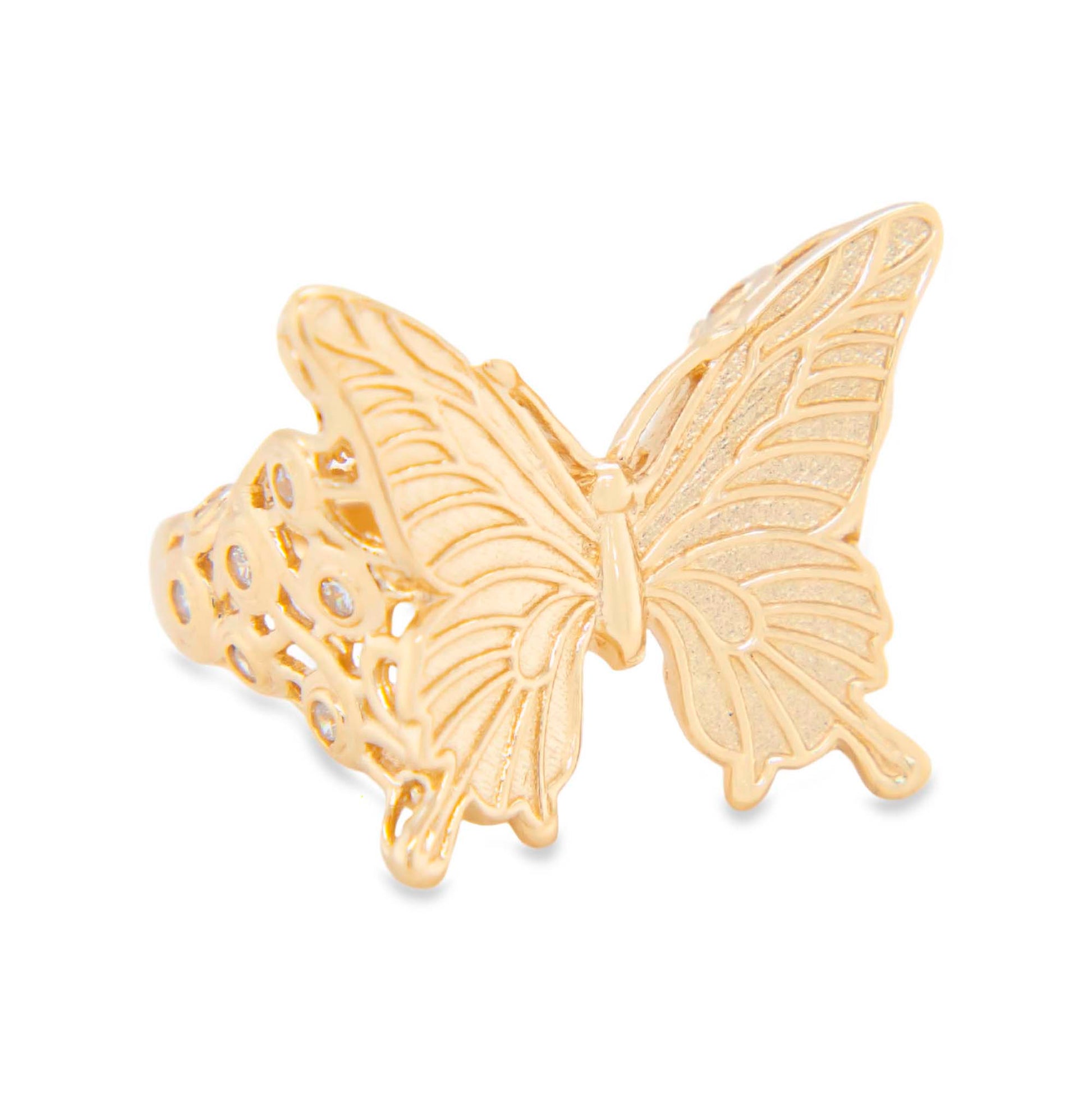 14K Yellow Gold Butterfly Filigree CZ Ring