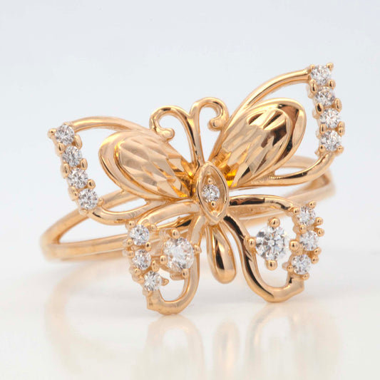14K Yellow Gold Butterfly Textured CZ Ring