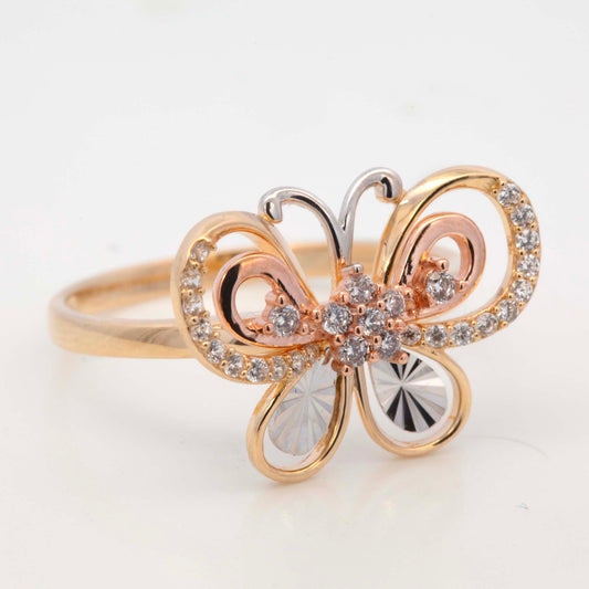 14K Tri-Color Gold Butterfly Textured CZ Ring