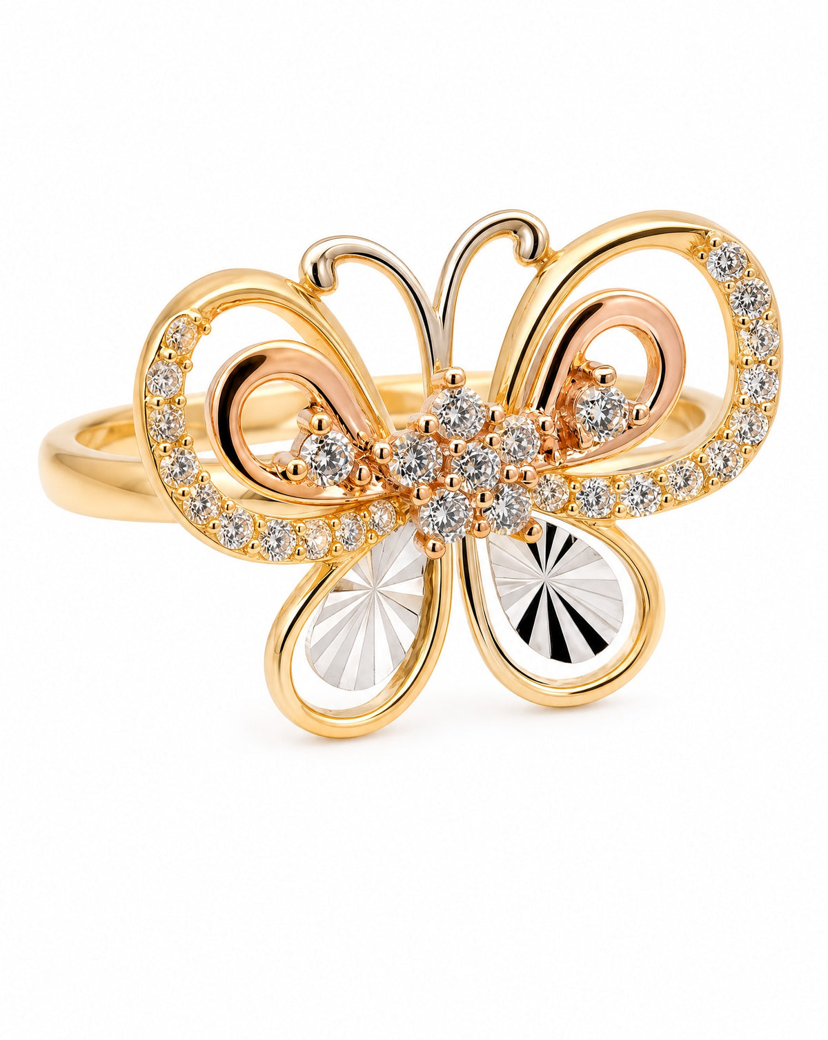 14K Tri-Color Gold Butterfly Textured CZ Ring