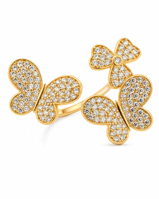 14K Yellow Gold Butterfly & Clover Bypass Pave CZ Ring