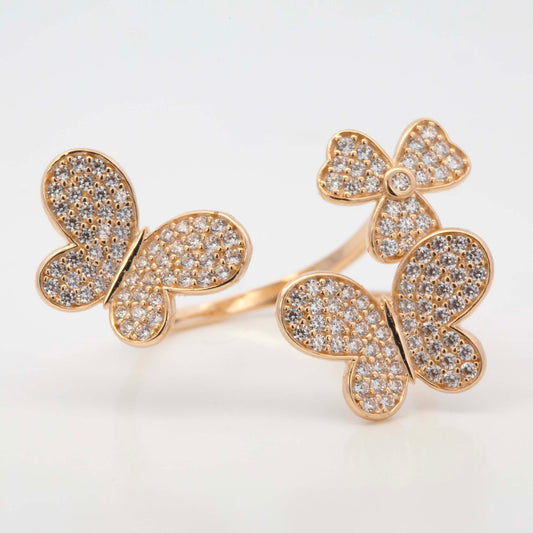 14K Yellow Gold Butterfly & Clover Bypass Pave CZ Ring