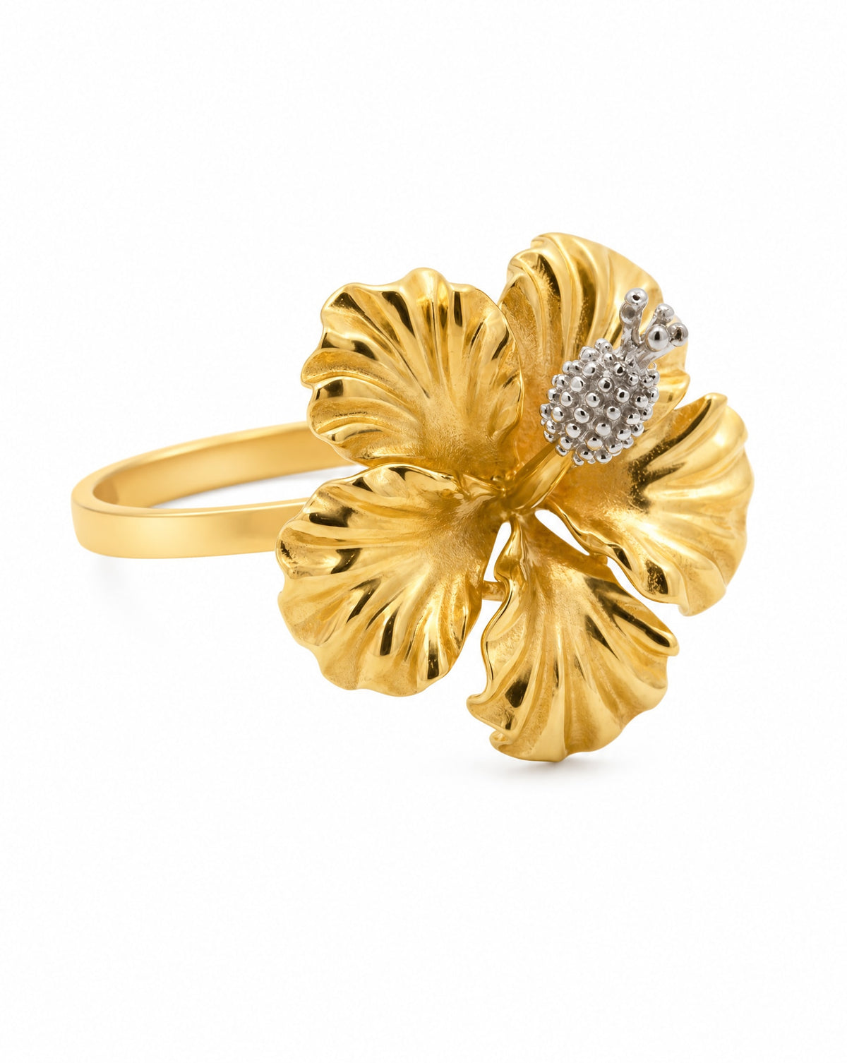 14K 2 Tones Gold Medium Hawaiian Hibiscus Flower Ring
