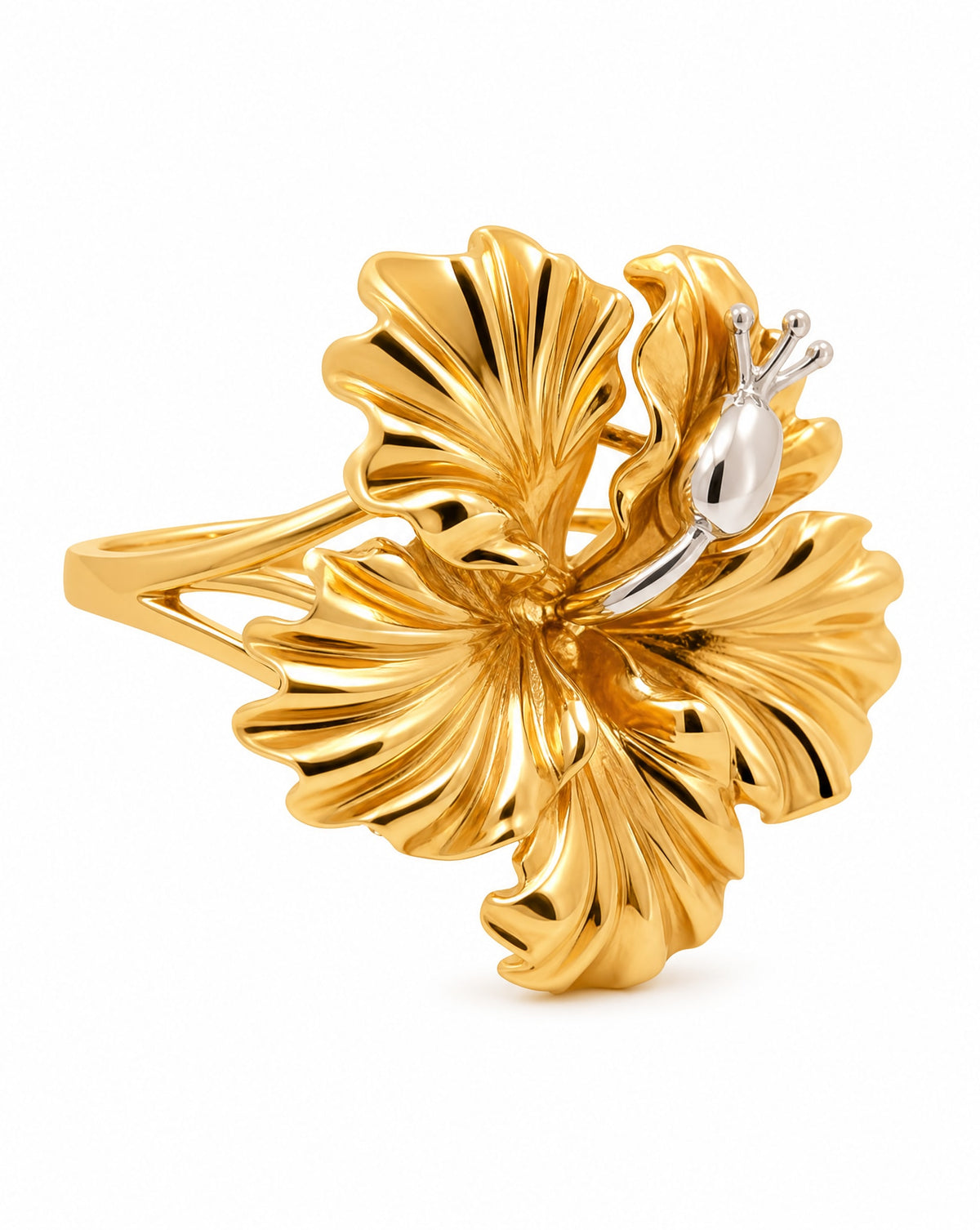 14K 2 Tones Gold Large Hibiscus Flower Ring