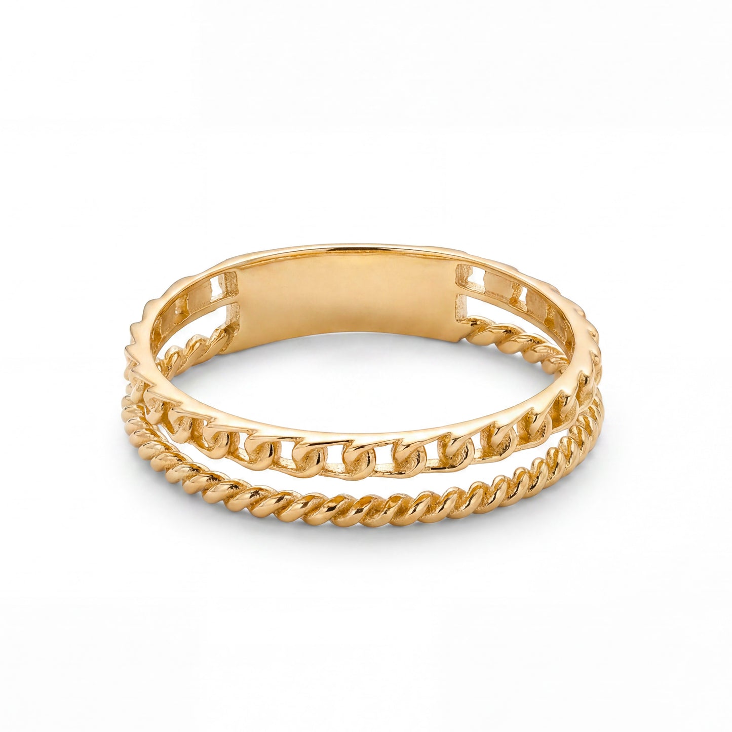 14K Yellow Gold Cuban Link and Twisted Double Row Ring