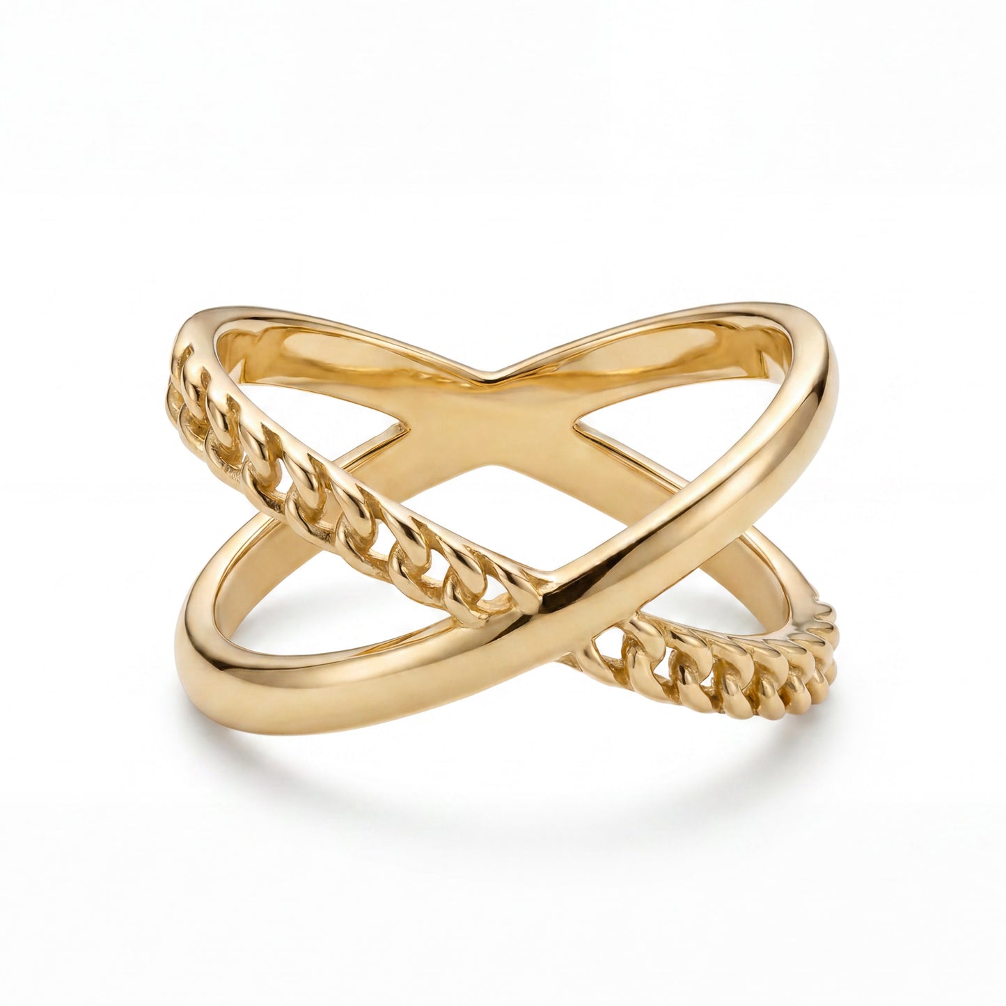 14K Yellow Gold Cuban Link and Plain Criss Cross Ring