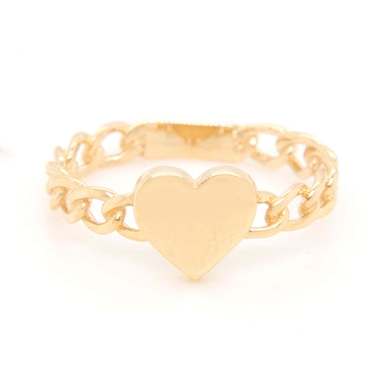 14k Yellow Gold Heart on Cuban Link Band Ring