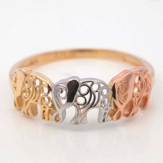 14k Tri Color Gold Elephant Row Ring