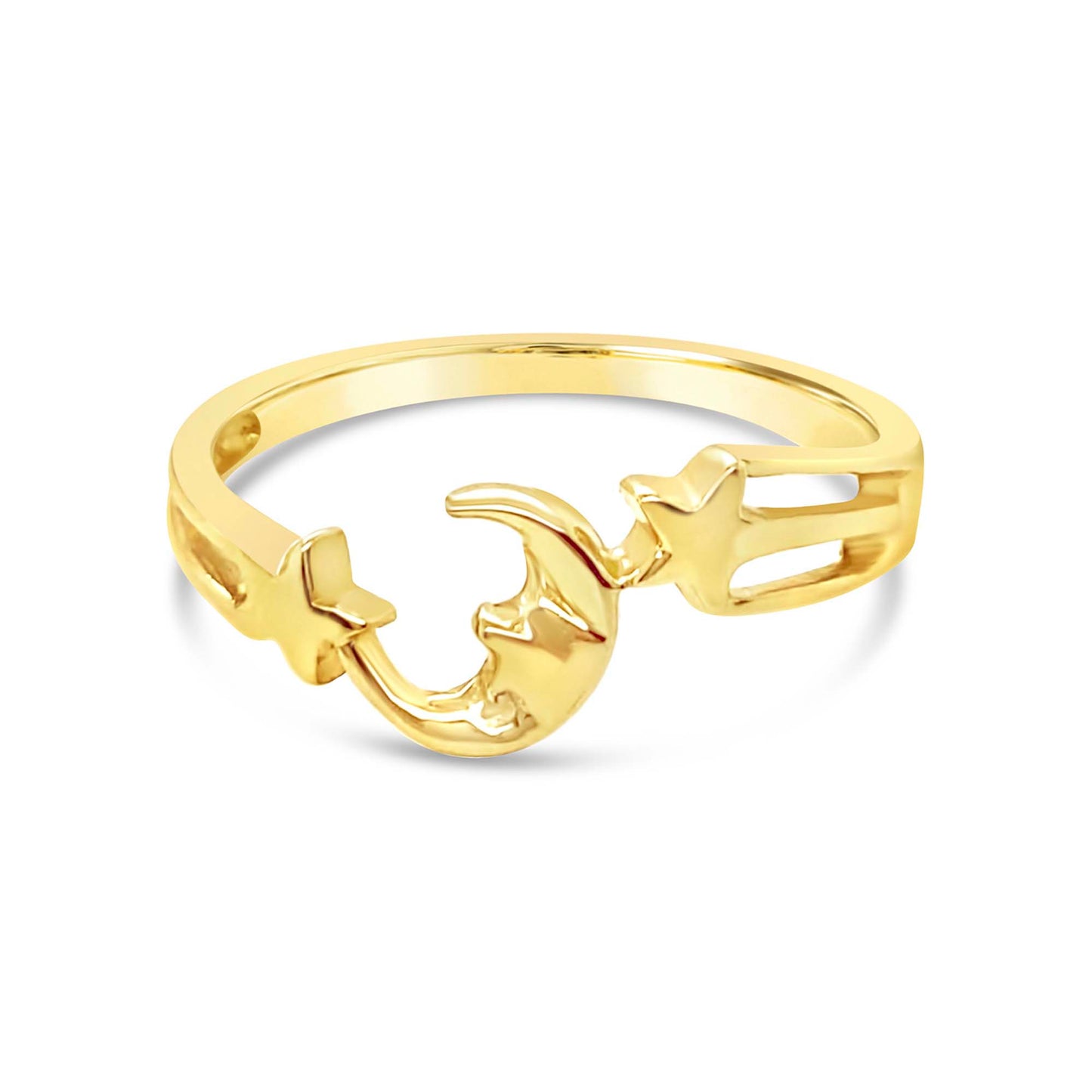 14k Yellow Gold Crescent Moon and Stars Ring