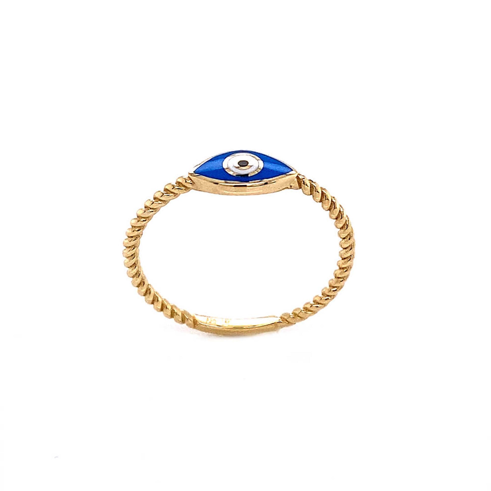 14k Yellow Gold Blue Enamel Evil Eye Ring