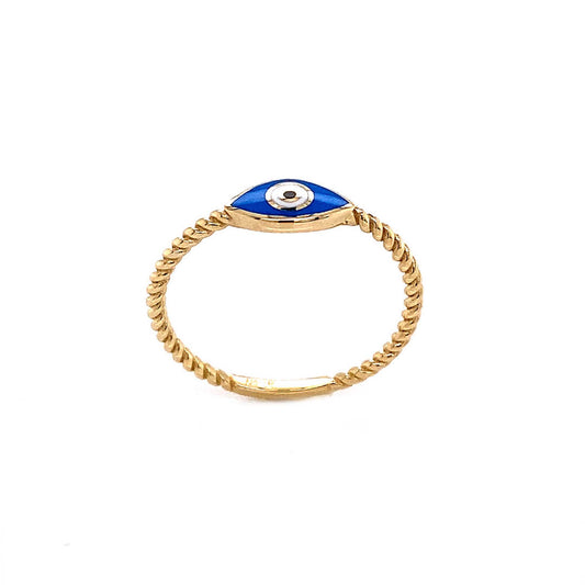 14k Yellow Gold Blue Enamel Evil Eye Ring