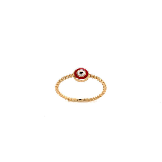 14k Yellow Gold Red Enamel Rounded Evil Eye Ring