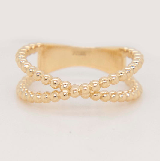 14k Yellow Gold Criss Cross Beaded Ring