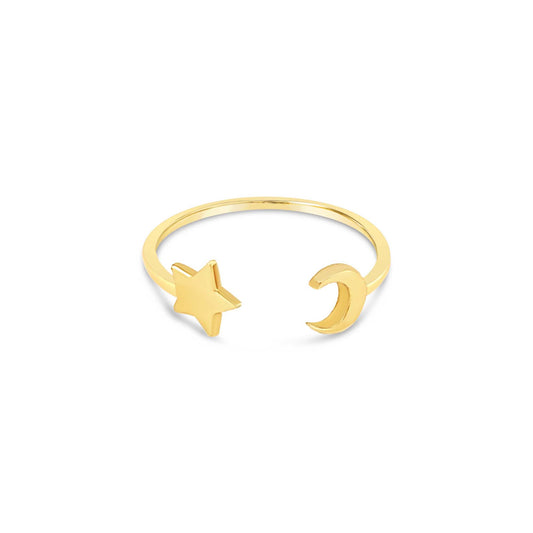 14k Yellow Gold Moon and Star Open Ring