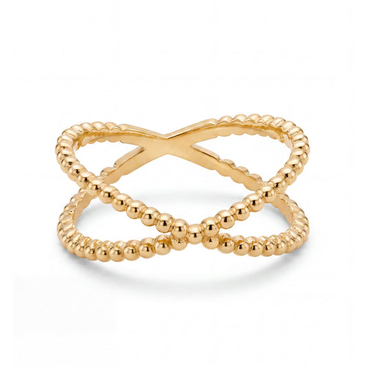 14K Yellow Gold Thin Beaded Criss Cross Ring