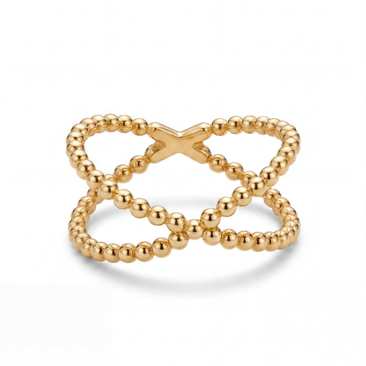 14K Yellow Gold Thick Beaded Criss Cross Ring