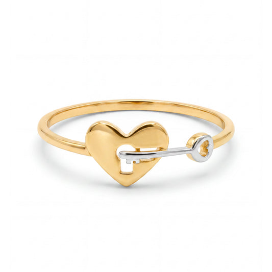 14K 2 Tones Gold Heart and Key Ring