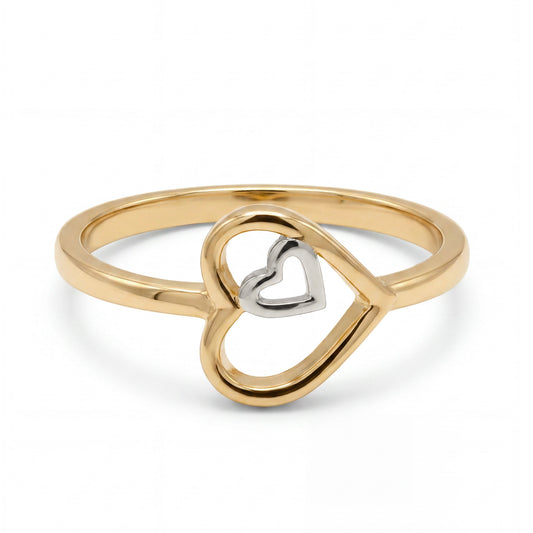14K 2 Tones Gold Double Open Heart Sideways Ring