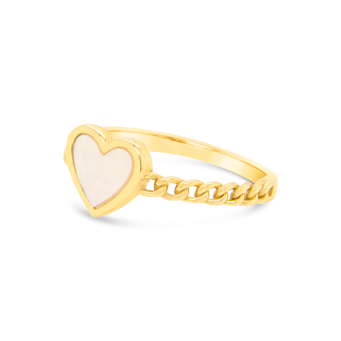 14K Yellow Gold Mother of Pearl Cuban Link Heart Ring