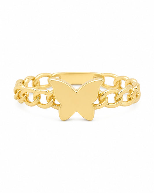 14K Yellow Gold Butterfly on Cuban Link Band Ring