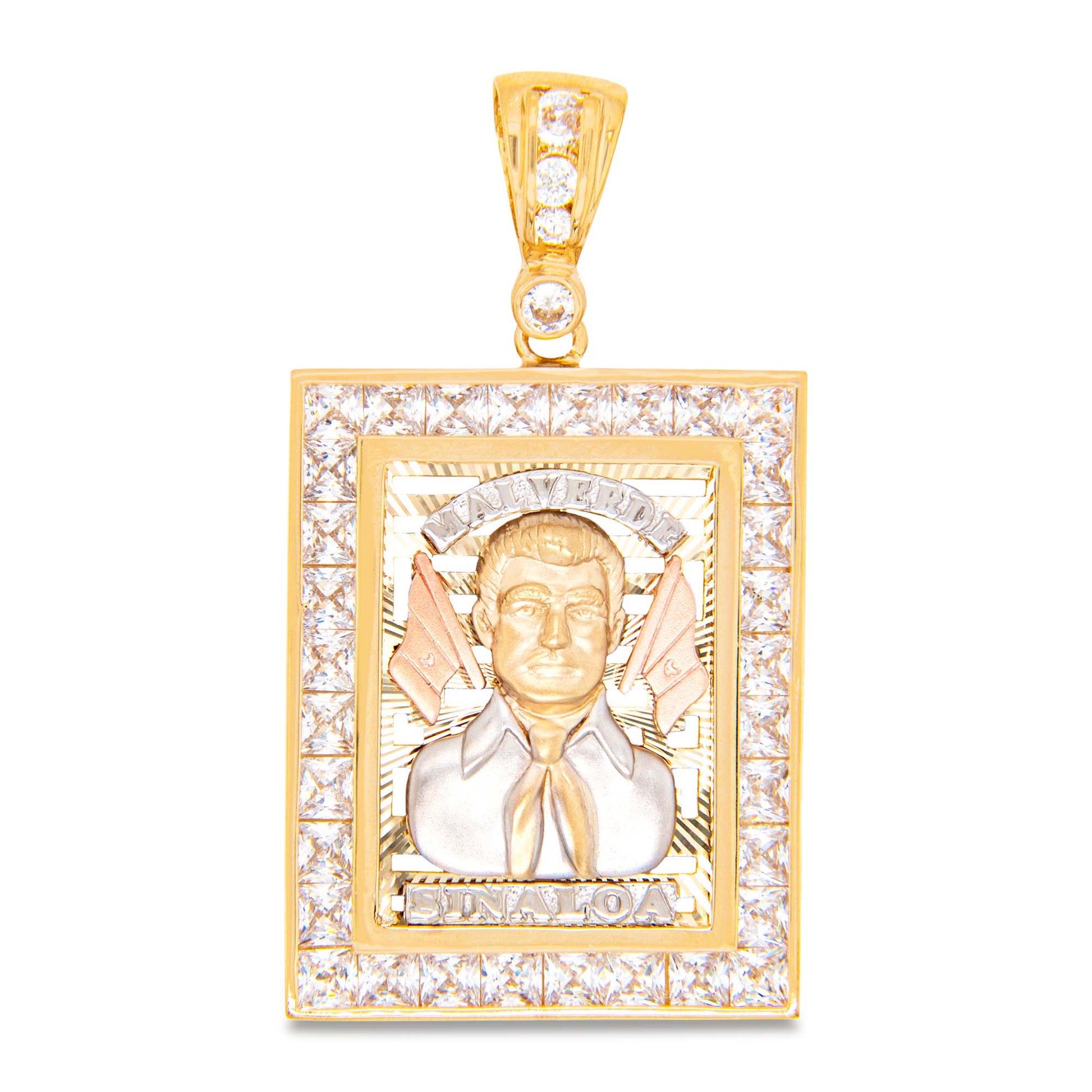 14K Tri-Color Gold CZ Malverde Sinaloa Portait Pendant