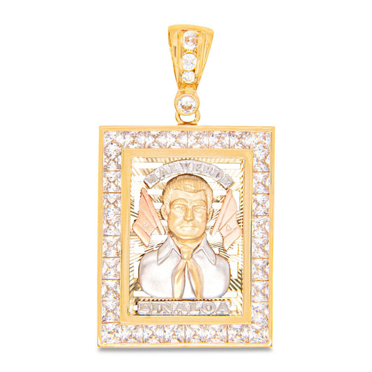14K Tri-Color Gold CZ Malverde Sinaloa Portait Pendant
