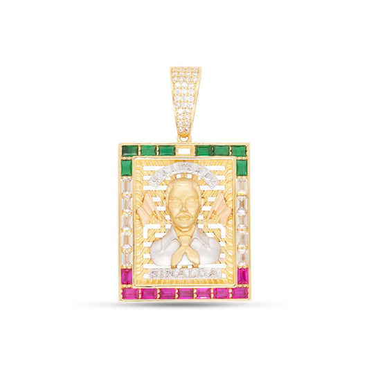14K Tri-Color Gold CZ Malverde Sinaloa Multi-Colored Portait Pendant