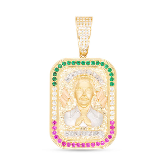 14K Tri-Color Gold CZ Malverde Sinaloa Multi-Colored Portait Pendant-1