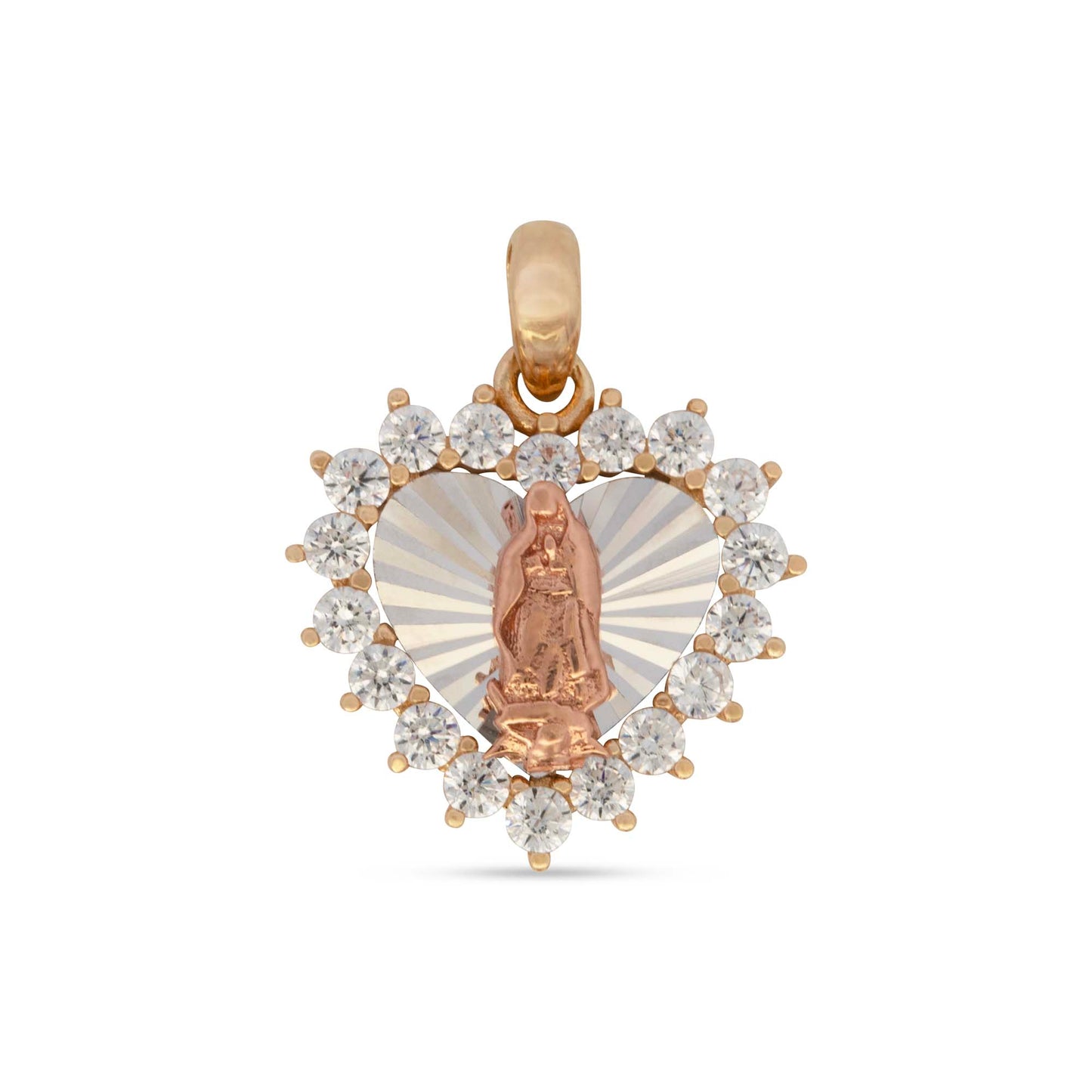 14K Tri-Color Gold CZ Heart Guadalupe Diamond Cut Pendant