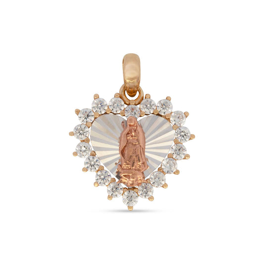 14K Tri-Color Gold CZ Heart Guadalupe Diamond Cut Pendant