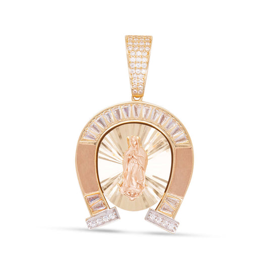 14K Tri-Color Gold CZ Horshoe Guadalupe Diamond Cut Pendant