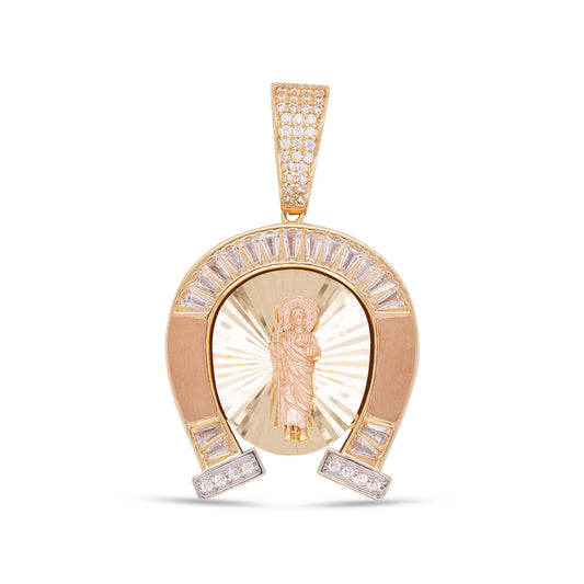 14K Tri-Color Gold CZ Horshoe San Judas Diamond Cut Pendant