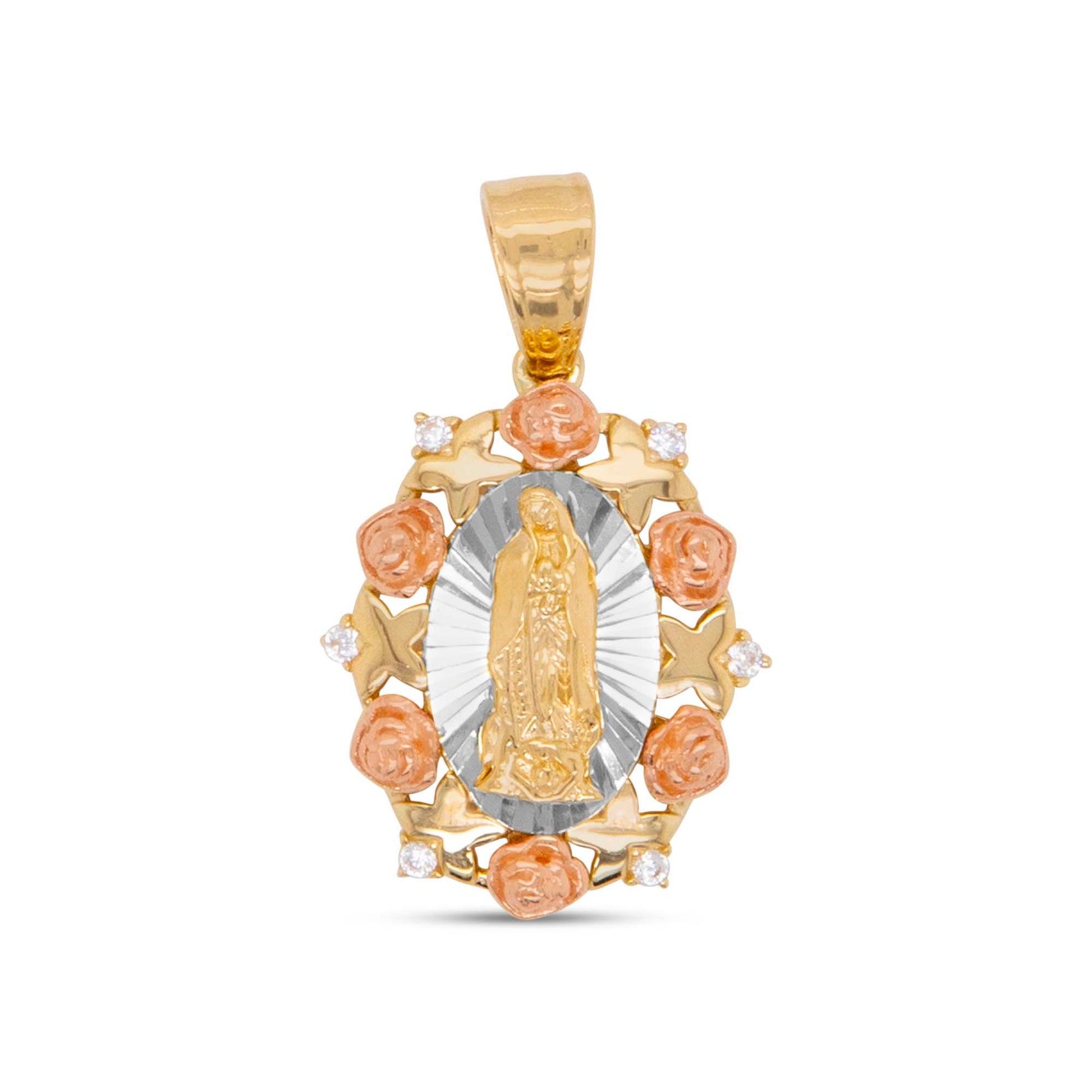 14K Tri-Color Gold CZ Floral Oval Guadalupe Pendant
