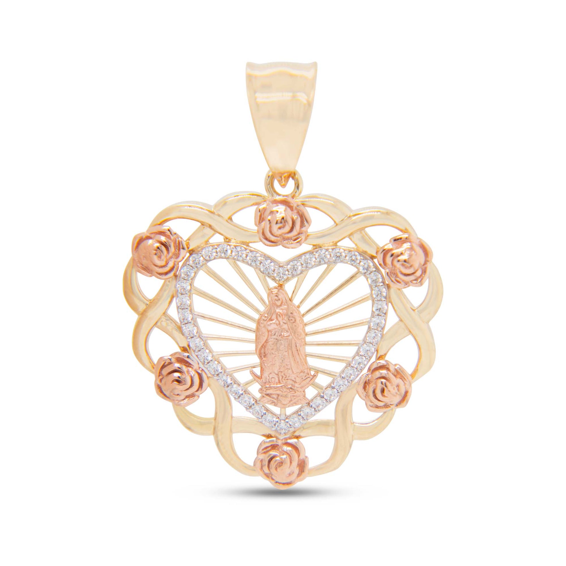 14K Tri-Color Gold Medium Floral Heart Guadalupe Pendant