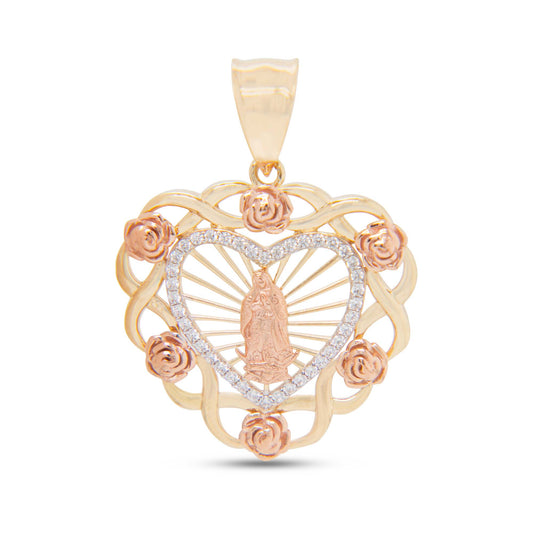 14K Tri-Color Gold Medium Floral Heart Guadalupe Pendant