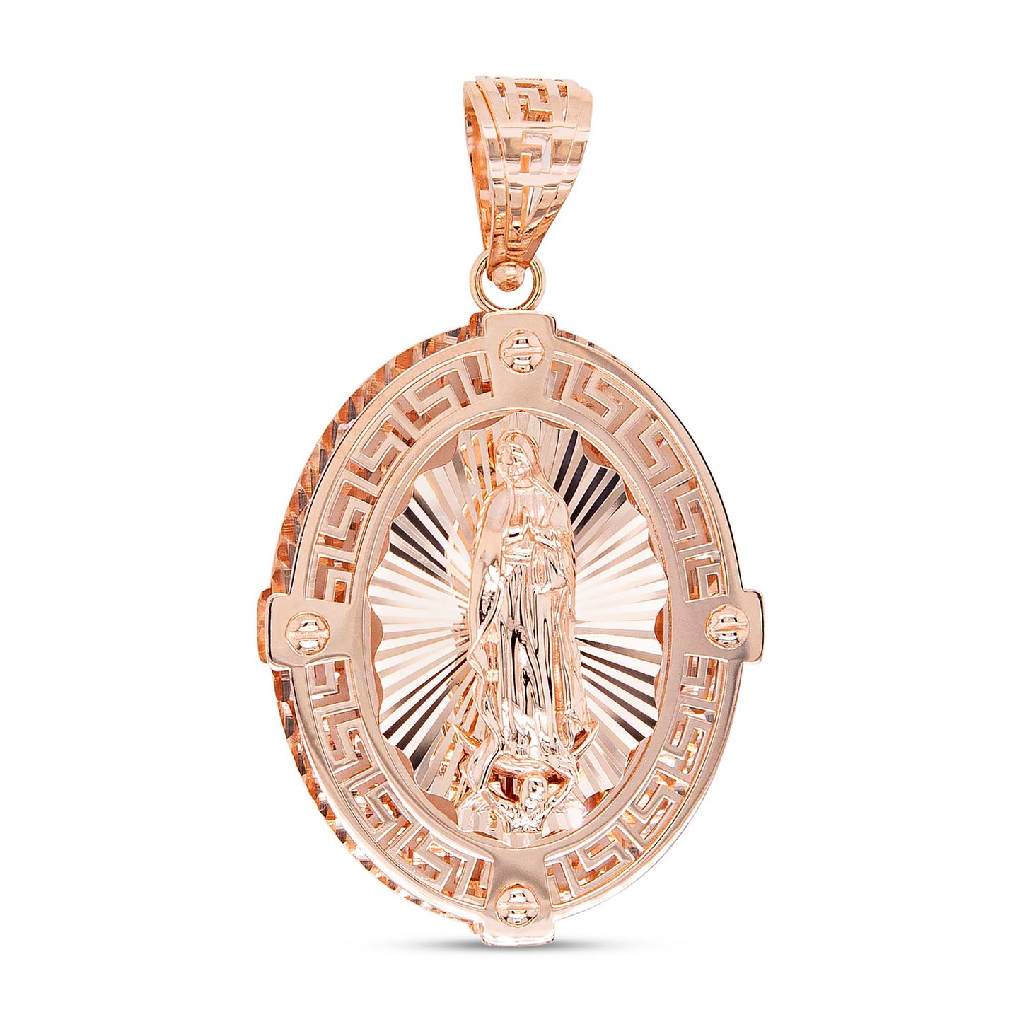 14K Rose Gold Detailed Oval Guadalupe Diamond Cut Pendant