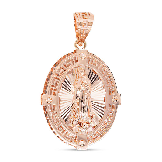 14K Rose Gold Detailed Oval Guadalupe Diamond Cut Pendant