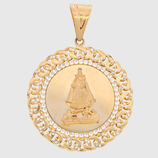 14K Yellow Gold CZ Round Chain Virgen de la Caridad del Cobre Pendant