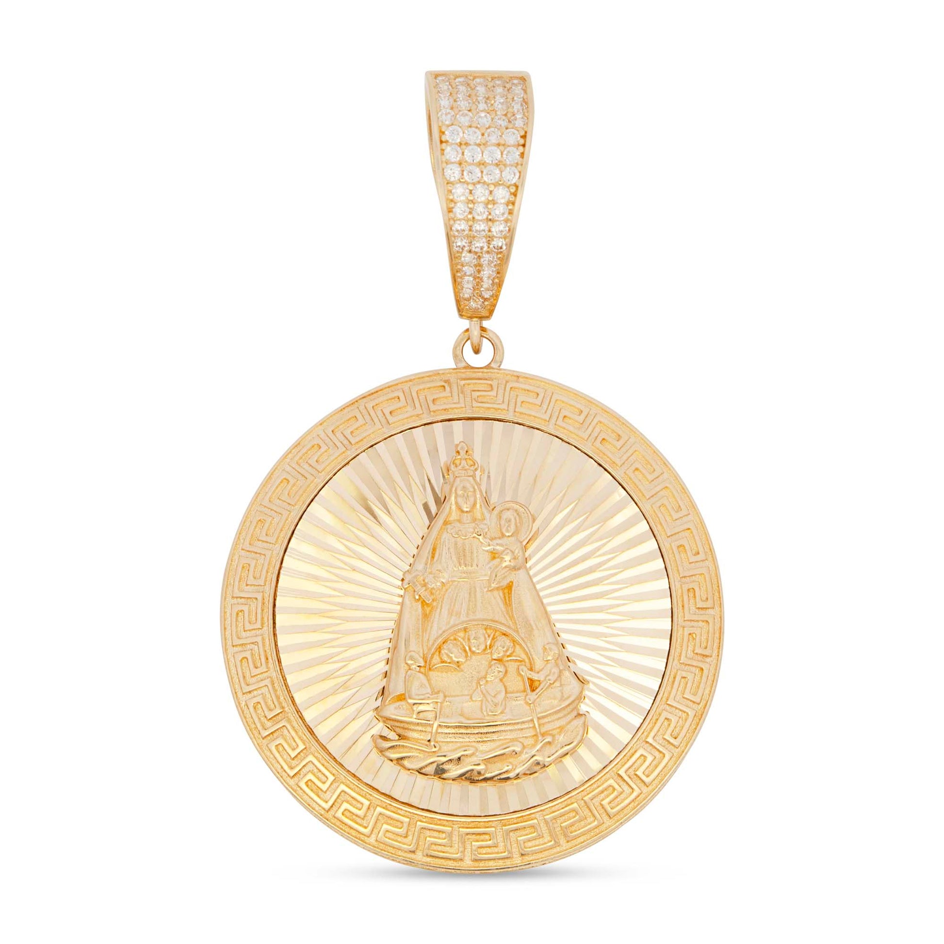 14K Yellow Gold CZ Round Detailed Virgen de la Caridad del Cobre Diamond Cut Pendant