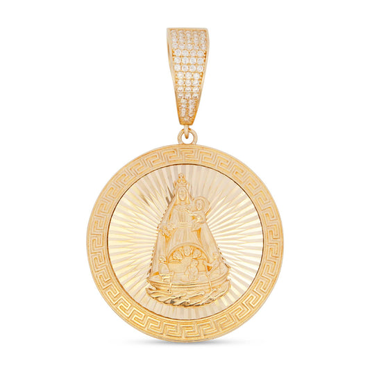 14K Yellow Gold CZ Round Detailed Virgen de la Caridad del Cobre Diamond Cut Pendant