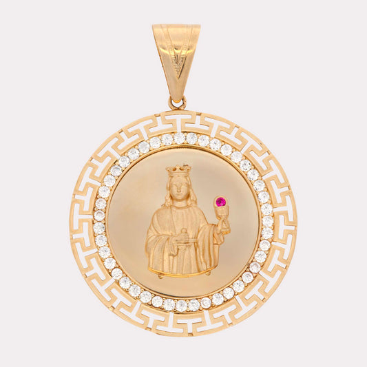 14K Yellow Gold CZ Small Round Open Detailed Santa Barbara Pendant