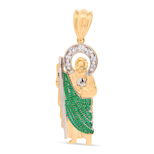 14K Two-Tones Gold CZ Green San Judas Pendant