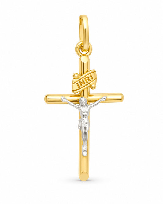 14K Two-Tones Gold Extra Small Tube Cross with Christ Pendant