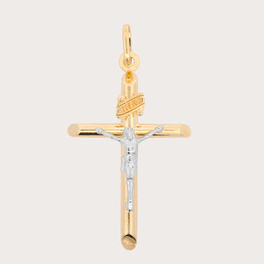 14K Two-Tones Gold Medium Tube Cross with Christ Pendant
